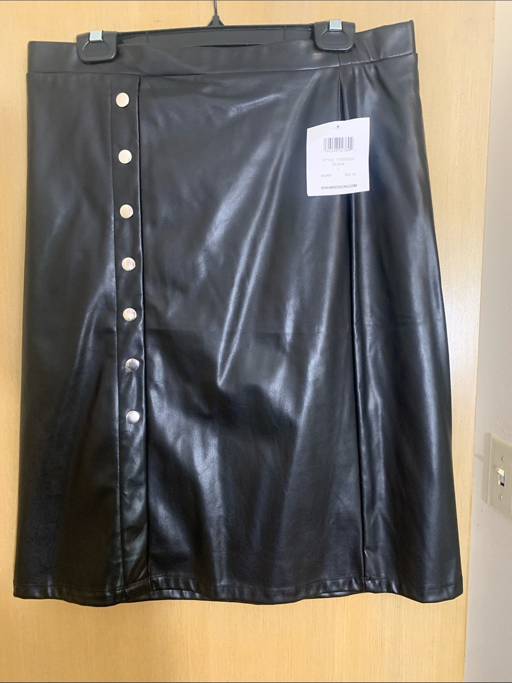 Black Faux Leather Button-Trim A-Line Skirt